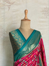 Rani Pink & Peacock Blue Ikkat Patola Inspired Semi Silk Saree