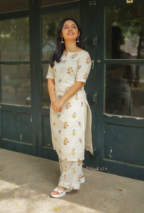 Pure Cotton Multicolour Floral Embroidered Co Ord Set - Onam Edit