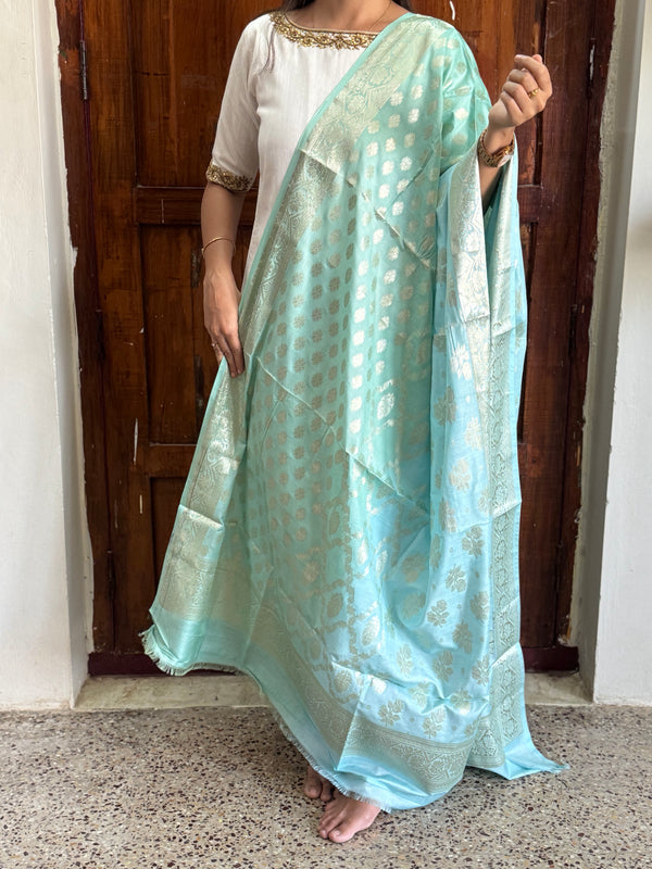 Banarasi Ombre Silk Dupatta in Aqua Blue with Zari Buttas and Jaal Weaving
