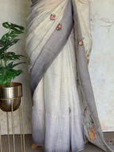 Ceya - Linen Saree with Floral Hand Embroidery & Statement Pallu