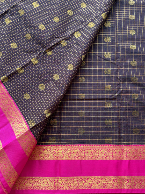 Semi Kanchi Silk Coffee Brown Checkered Saree with Peacock & Rudraksham Buttas