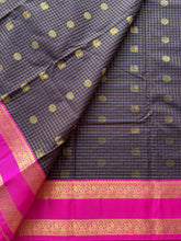 Semi Kanchi Silk Coffee Brown Checkered Saree with Peacock & Rudraksham Buttas