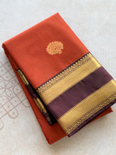Semi Kanchi Silk Saree – Rust Orange & Deep Purple with Zari Buttas | Retta Petta Border