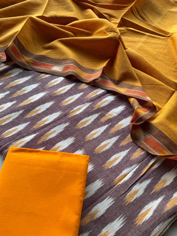 Kamazhi - Ikkat Cotton 3 Piece Suit Set – Mustard & Light Brown
