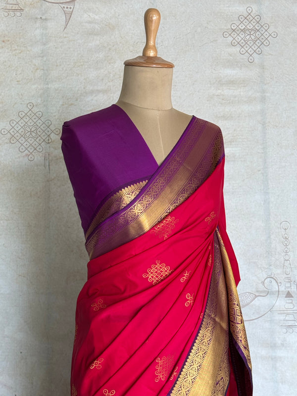 Semi Kanchi Silk Saree with Kolam Buttas & Royal Purple Contrast Border