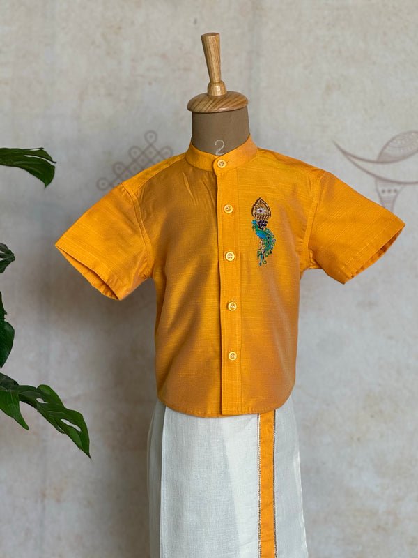 Velum Mayilum Hand-Embroidered Boys Temple Shirt & Dhoti Set — South Indian Traditional Ethnic Wear Vishu Edit