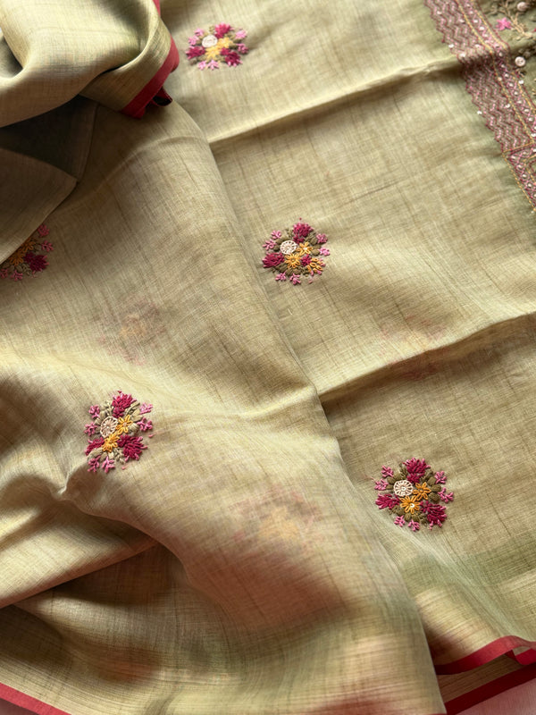 Ceya Linen Saree with Hand Floral Embroidery