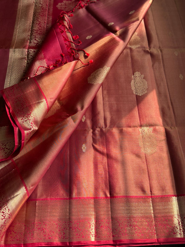 Pure Kanjivaram Soft Silk Saree with Paisley Zari Buttas & Kanchi Border – Vintage Edition