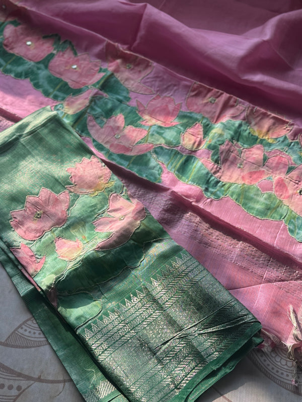 Mangalgiri Silk Unstitched Applique Kurta + Dupatta