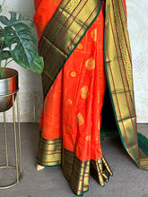 Semi Kanchi Silk Saree – Orange with Green & Gold Zari Border