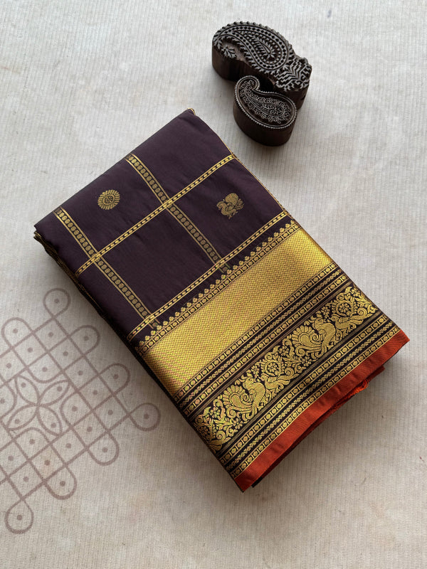 Semi Kanchi Silk Coffee Brown Checks Saree with Peacock & Rudraksh Buttas