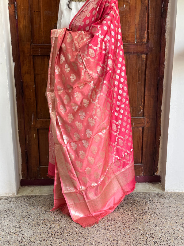 Banarasi Ombre Silk Dupatta in Rani Pink & Coral with Zari Buttas and Jaal Design