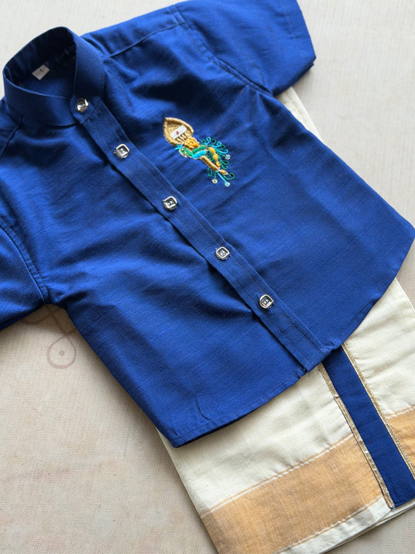 Velum Mayilum Hand-Embroidered Boys Temple Shirt & Dhoti Set — South Indian Traditional Ethnic Wear Onam Edit