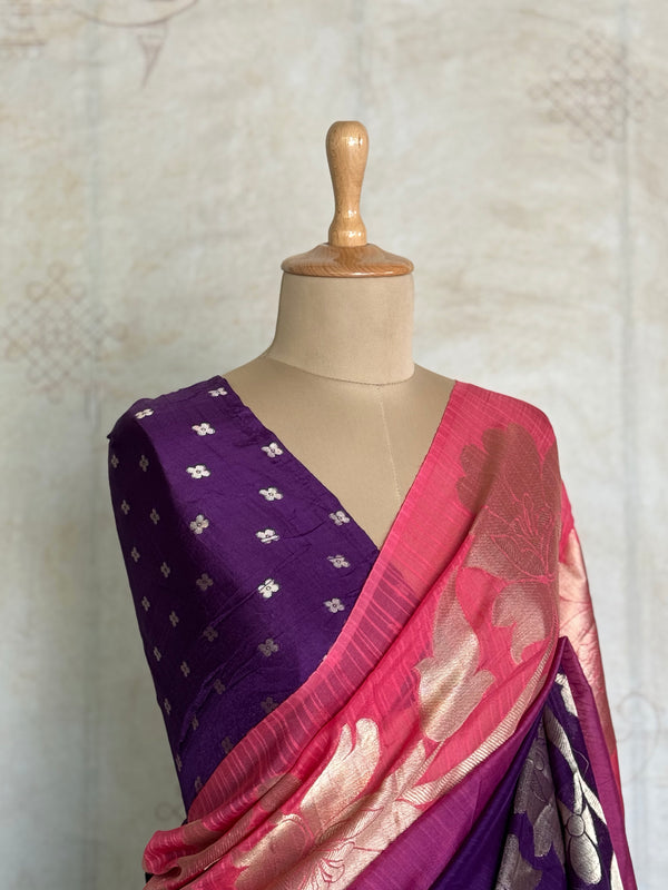 Advika Ombre Tussar Saree – Purple & Pink Floral Zari