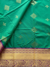 Emerald Green Semi Kanchi Silk Saree with Kolam Buttas & Contrast Magenta Pallu