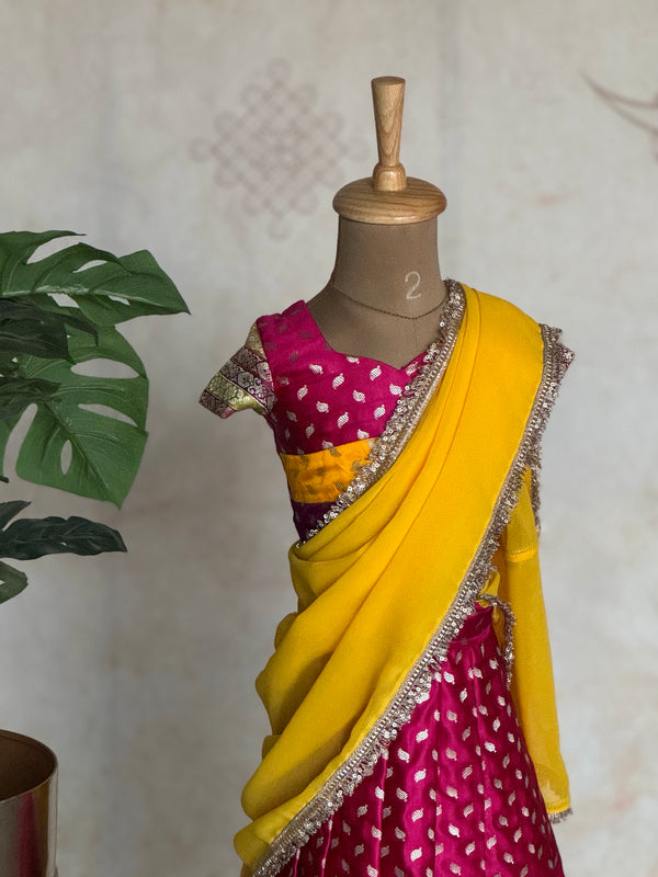 Kids Pavazhamalli Half Saree with Zari Buttas & Yellow Davani