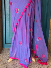 Mul Cotton Saree – Purple with Pink Floral Embroidery & Contrast Border