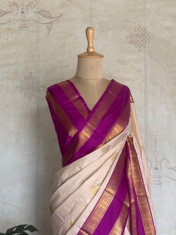 Ivory & Magenta Semi Kanchi Silk Saree