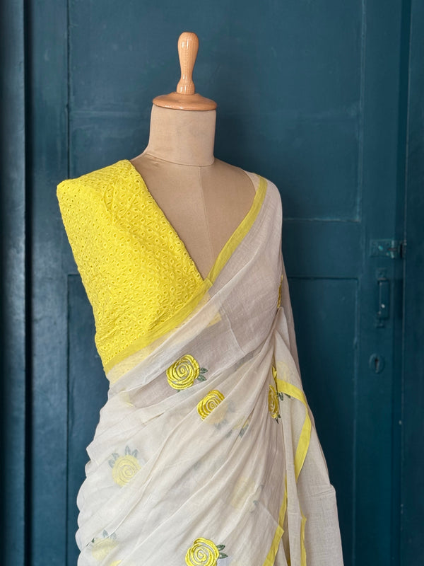 Mul Cotton Saree – Off White with Yellow Floral Embroidery & Contrast Border