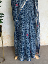 Indigo Kota Cotton Saree with Embroidered Floral Details