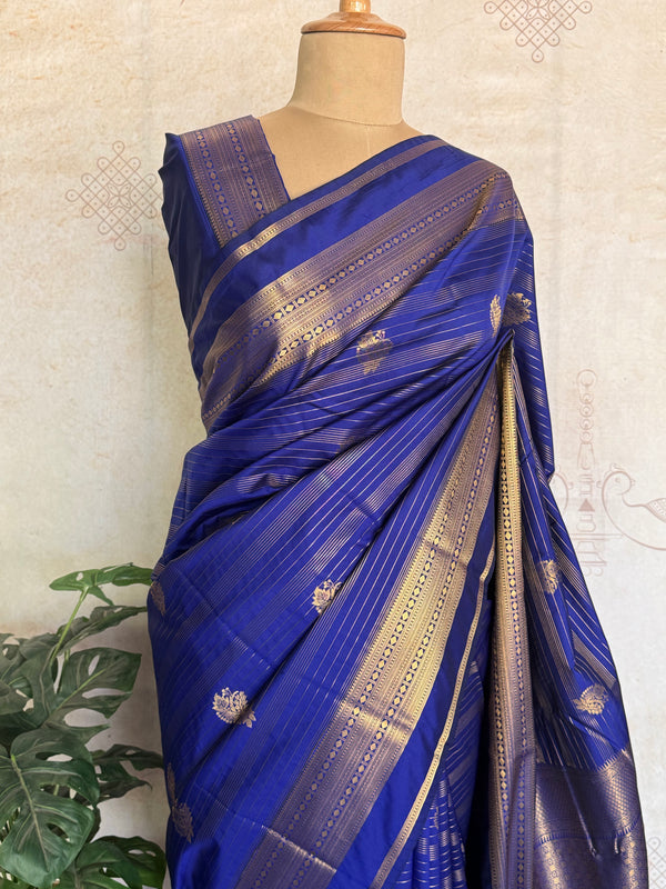 Royal Blue Semi Kanchi Silk Saree with Gold Zari Buttas & Grand Pallu