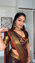 Semi Kanchi Silk Coffee Brown Checks Saree with Peacock & Rudraksh Buttas