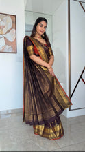 Semi Kanchi Silk Coffee Brown Checks Saree with Peacock & Rudraksh Buttas
