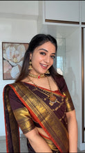 Semi Kanchi Silk Coffee Brown Checks Saree with Peacock & Rudraksh Buttas