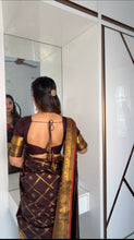 Semi Kanchi Silk Coffee Brown Checks Saree with Peacock & Rudraksh Buttas