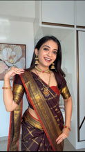 Semi Kanchi Silk Coffee Brown Checks Saree with Peacock & Rudraksh Buttas