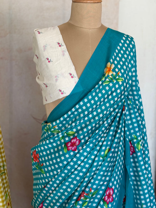 Pure Mangalgiri Silk Aqua Blue Gingham Checks Saree with Floral Digital Prints