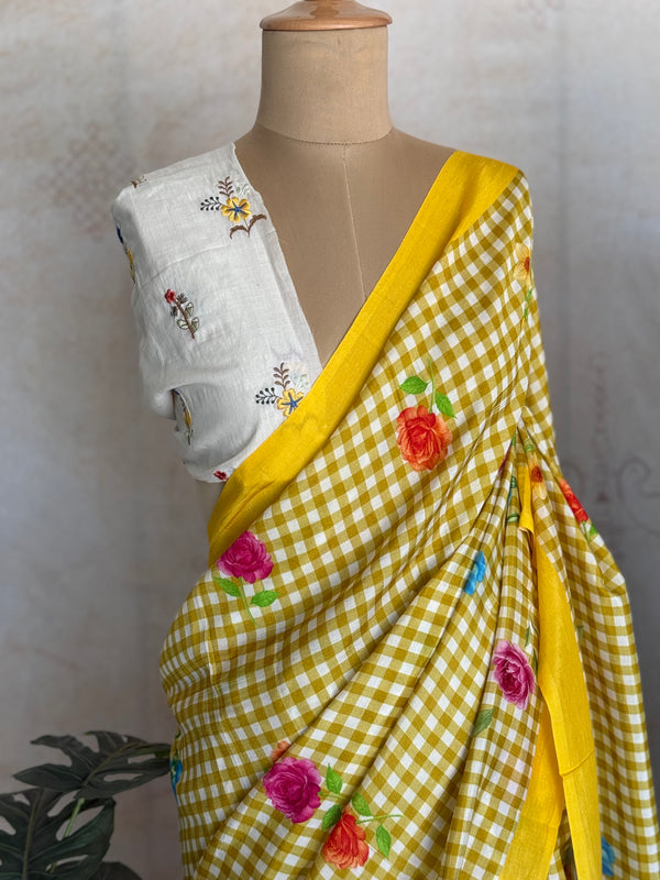 Pure Mangalgiri Silk Aqua Blue Gingham Checks Saree with Floral Digital Prints