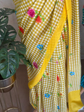 Pure Mangalgiri Silk Aqua Blue Gingham Checks Saree with Floral Digital Prints