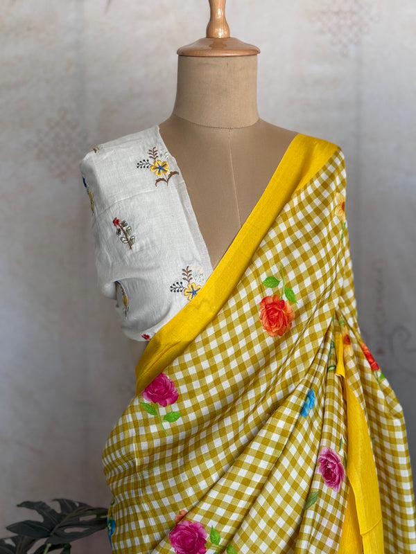 Pure Mangalgiri Silk Aqua Blue Gingham Checks Saree with Floral Digital Prints