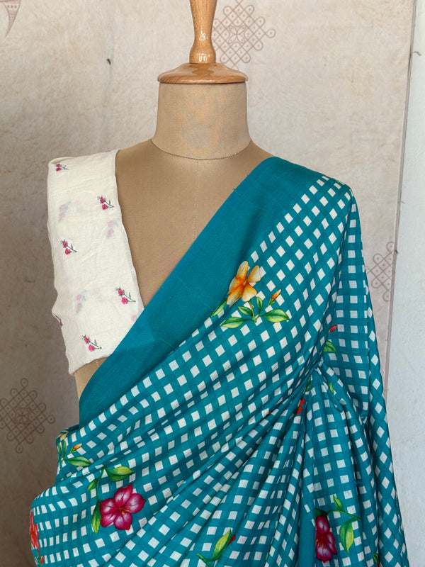 Pure Mangalgiri Silk Aqua Blue Gingham Checks Saree with Floral Digital Prints