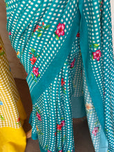 Pure Mangalgiri Silk Aqua Blue Gingham Checks Saree with Floral Digital Prints