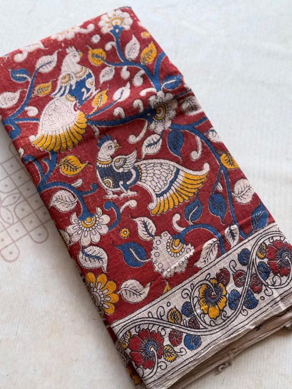 Rust Red Cotton Kota Kalamkari Saree with Bird & Floral Print | Lightweight Ethnic Saree with Contrast Blouse