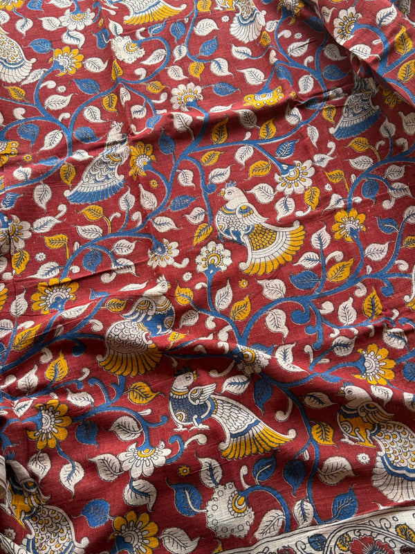 Rust Red Cotton Kota Kalamkari Saree with Bird & Floral Print | Lightweight Ethnic Saree with Contrast Blouse