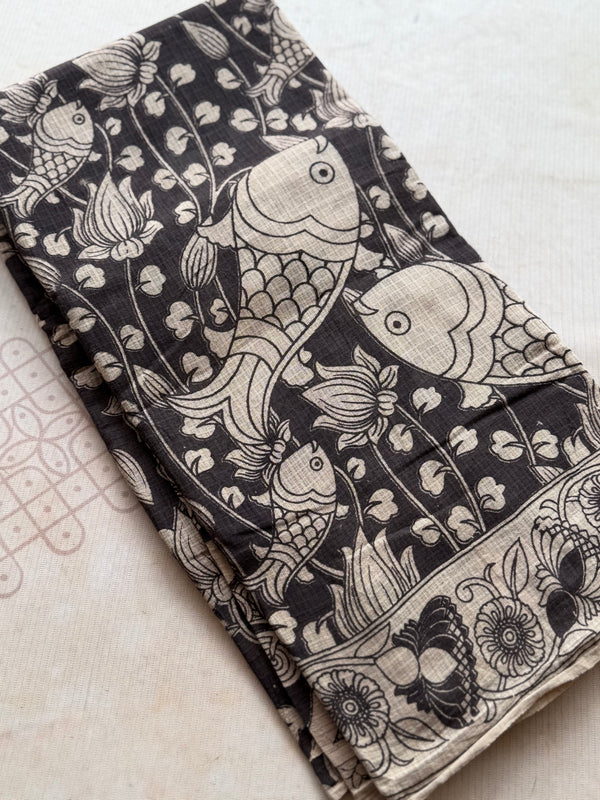 Kota Cotton Kalamkari Saree – Black & Off-White with Artistic Motifs
