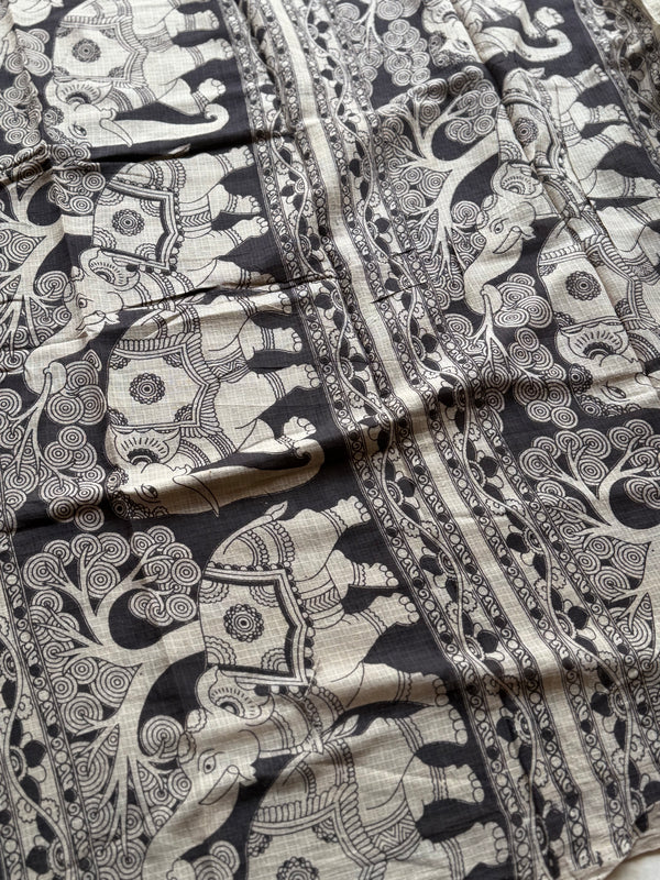 Kota Cotton Kalamkari Saree – Black & Off-White with Artistic Motifs