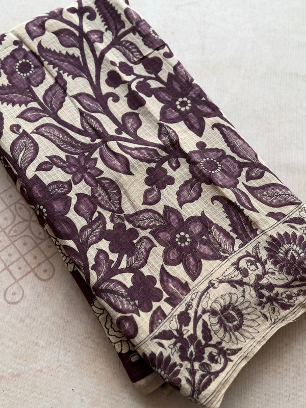 Kota Cotton Kalamkari Saree – Cream & Deep Plum Floral Elegance