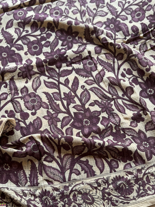Kota Cotton Kalamkari Saree – Cream & Deep Plum Floral Elegance