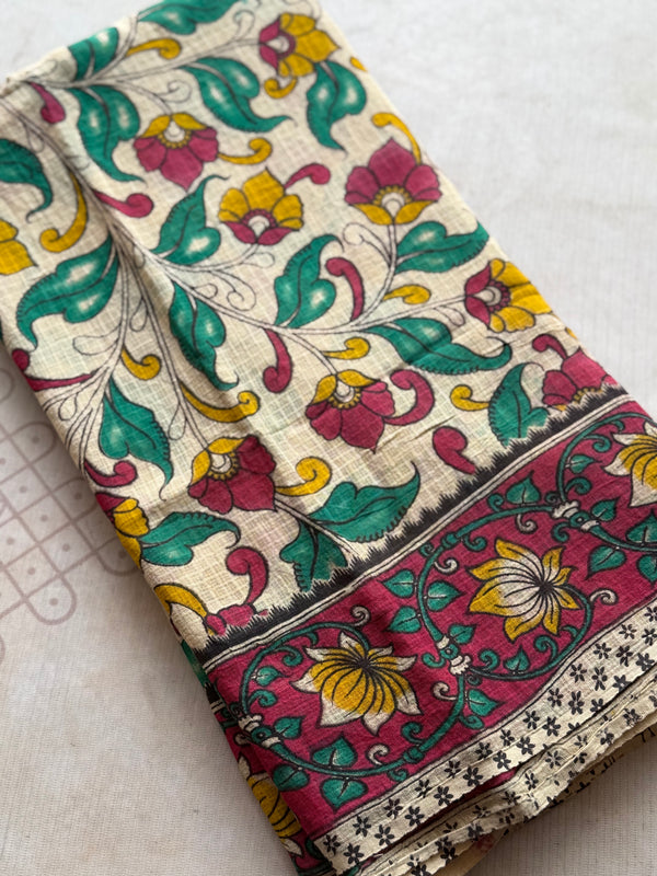 Kota Cotton Kalamkari Saree with Floral Vine Print & Contrast Border