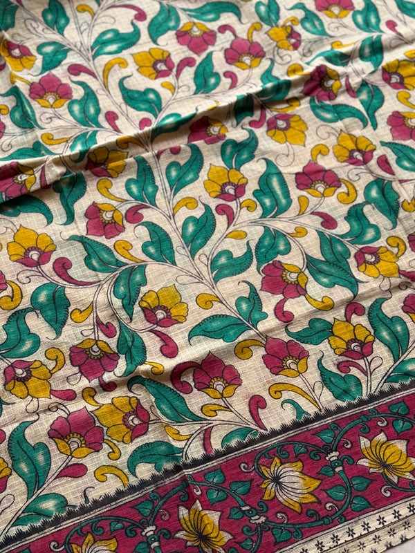 Kota Cotton Kalamkari Saree with Floral Vine Print & Contrast Border