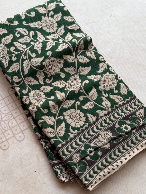 Kota Cotton Kalamkari Saree with Green Base & Contrast Pink Pallu
