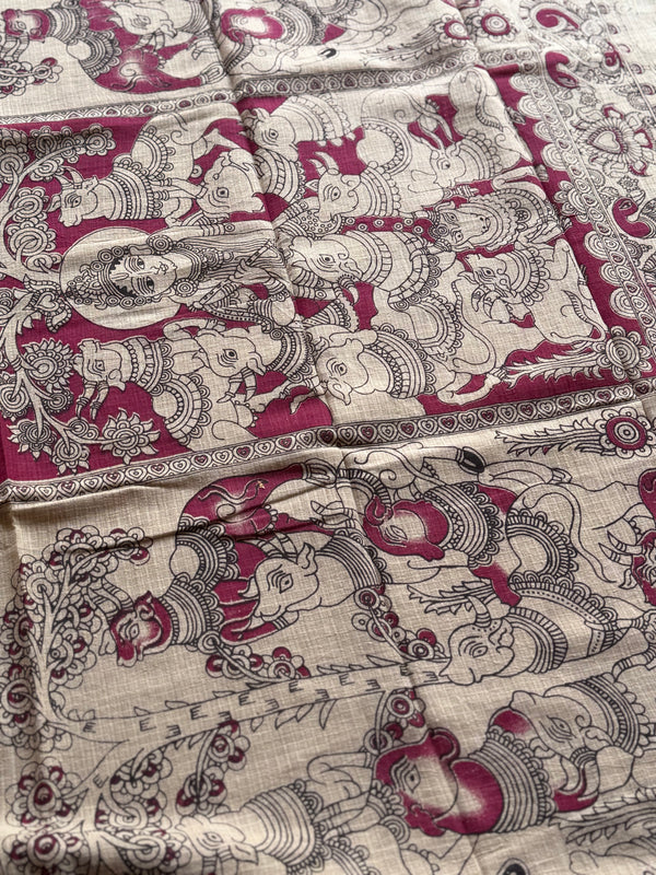 Kota Cotton Kalamkari Saree with Green Base & Contrast Pink Pallu