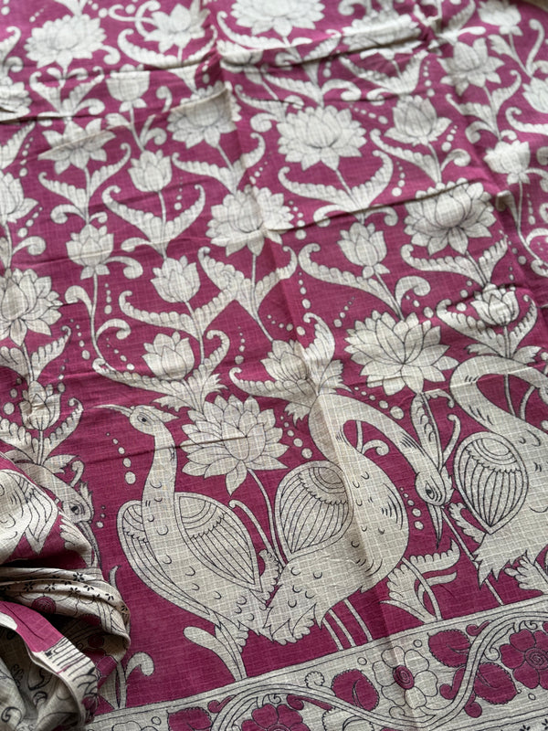 Kota Cotton Kalamkari Saree with Peacock & Floral Motif in Contrast Tone