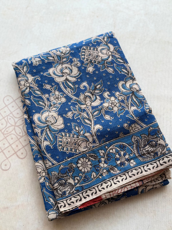 Indigo Blue Kota Cotton Kalamkari Saree with Peacock Pallu & Floral Border
