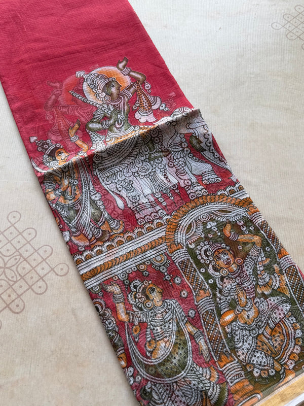 Kalahasti Pen Kalamkari Kota Saree – Coral Red Heritage Narrative