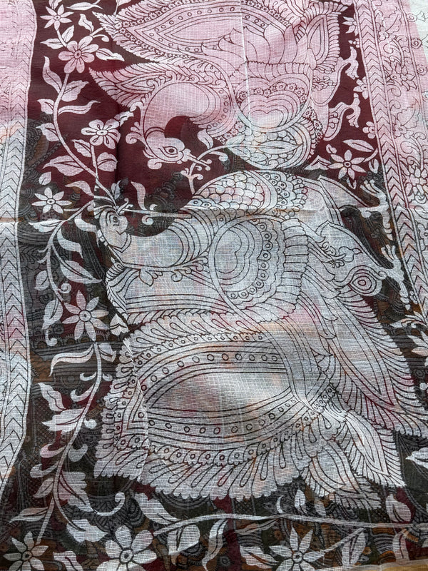 Kalahasti Pen Kalamkari Kota Saree – Coral Red Heritage Narrative